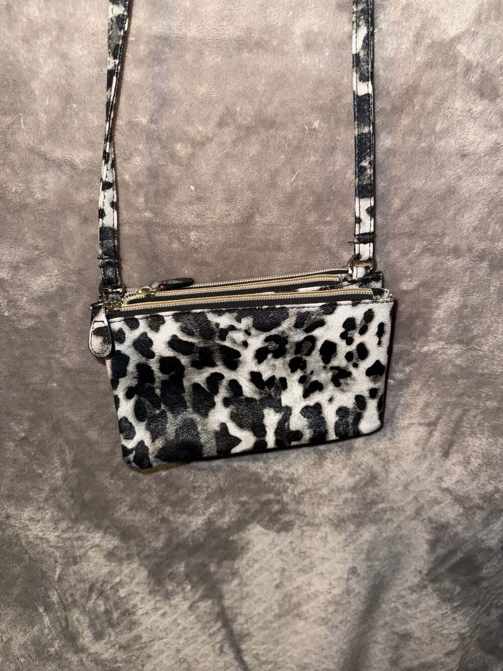Unbranded Black and White Leopard Print Multi-Zip Crossbody Bag